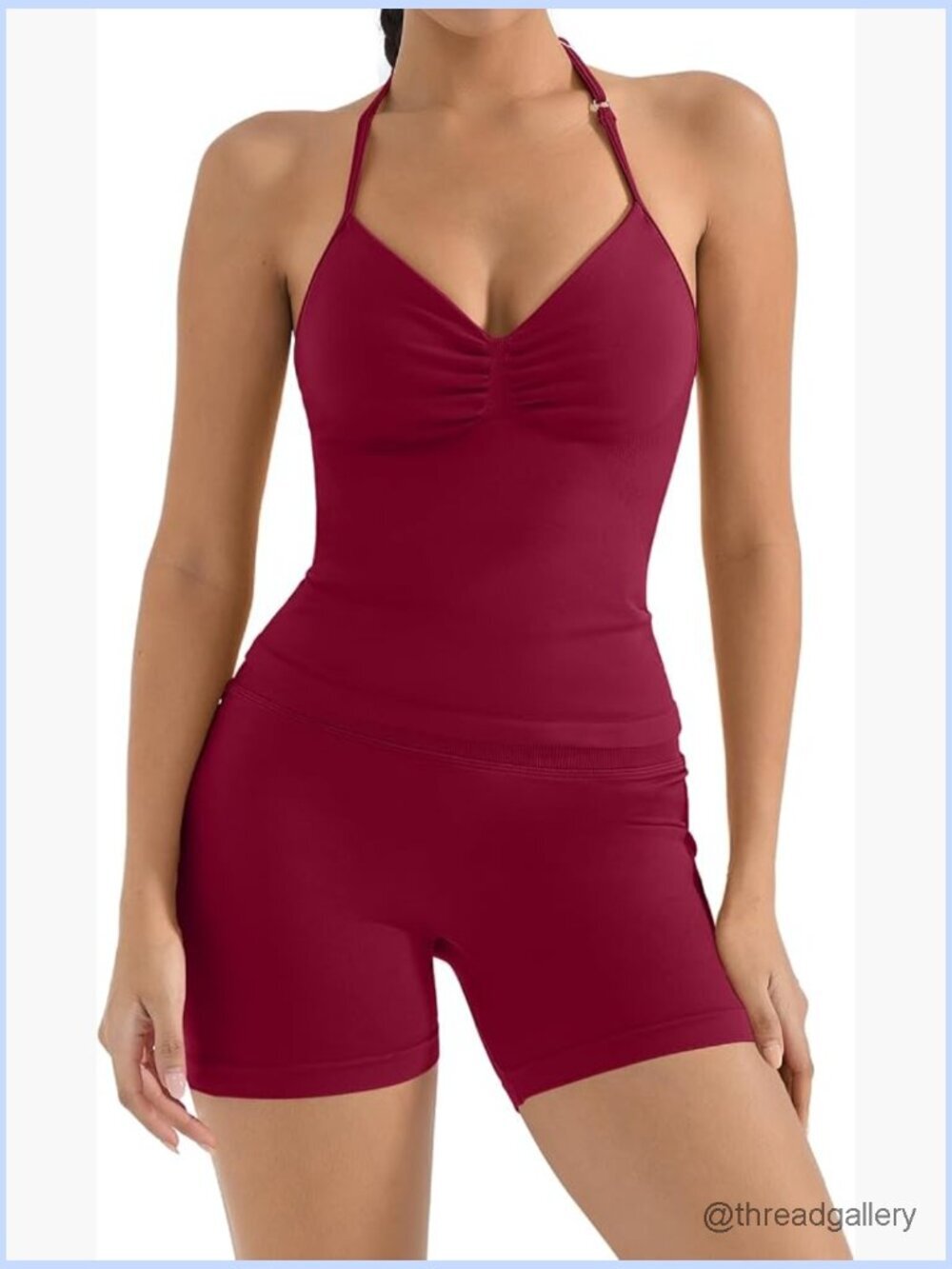 Seamless 2 Piece Workout Set Halter Tank Top Bike Shorts